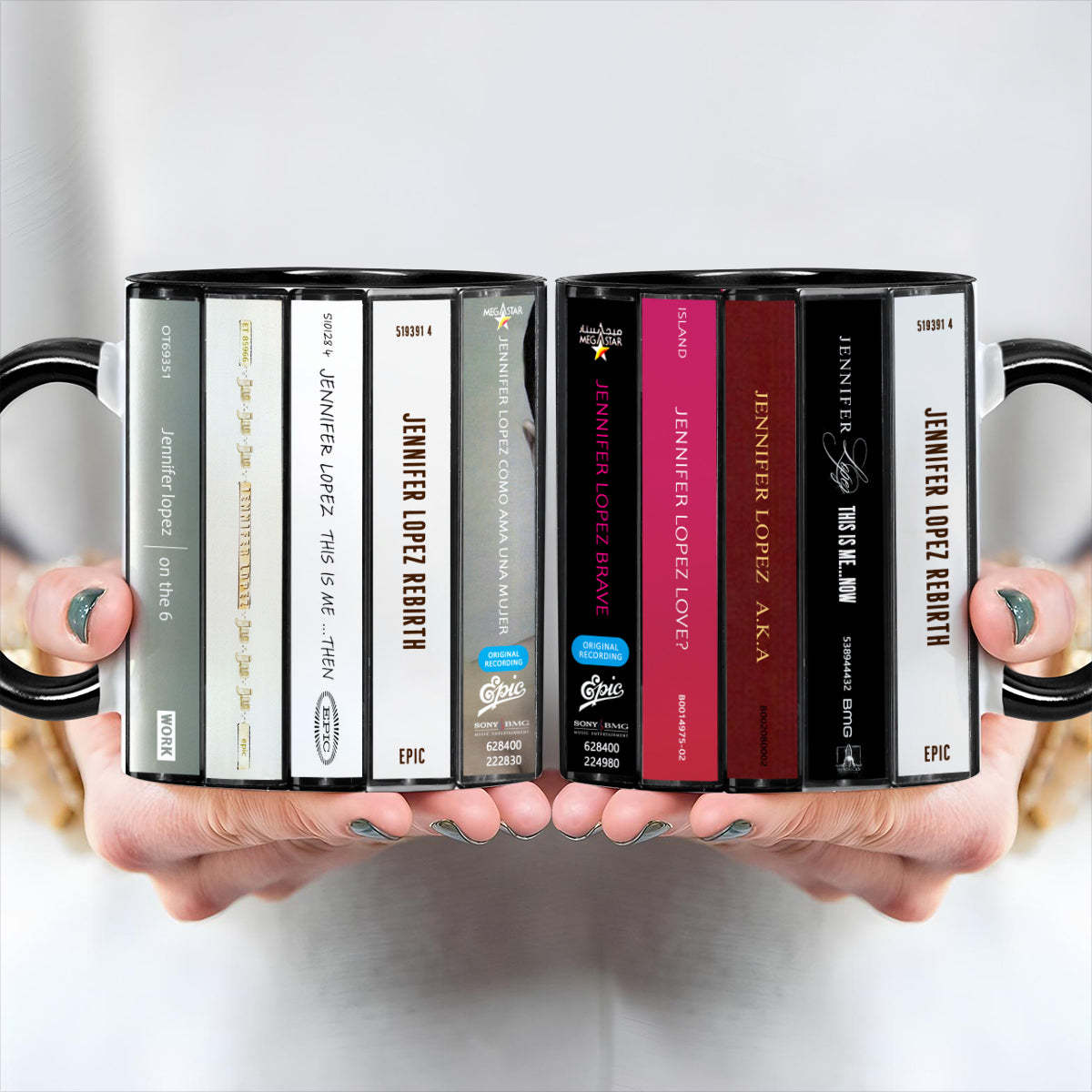 Jennifer Lopez Albums Cassette Collection Retro Accent Edge-to-Edge Printed Mug