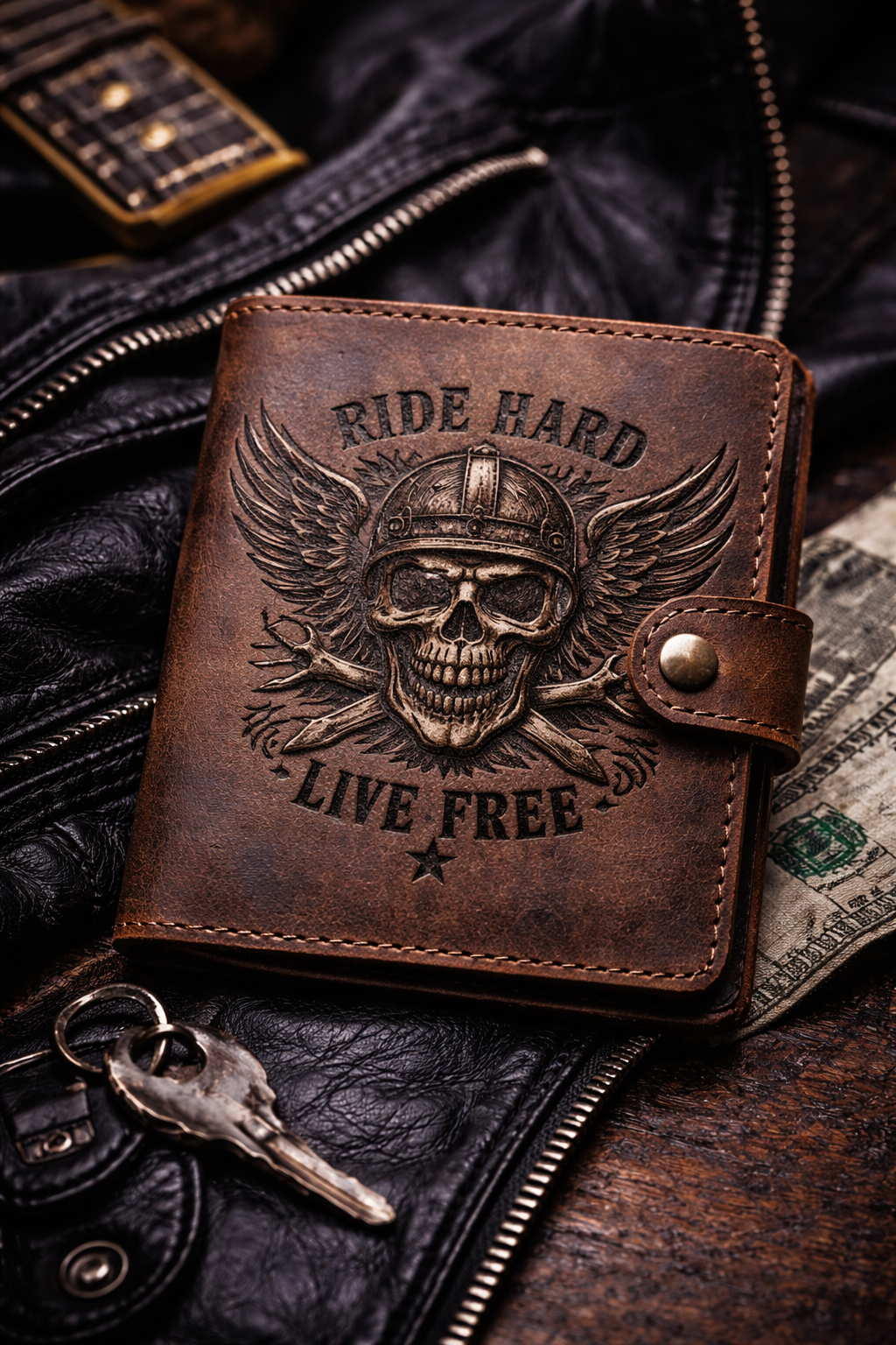 Laser Engraved Biker Skull Leather Wallet – Vintage Rock Style Wallet