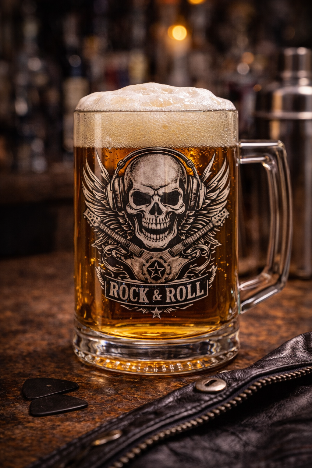 Laser Engraved Rock Skull Beer Mug – Heavy Metal Bar Glass