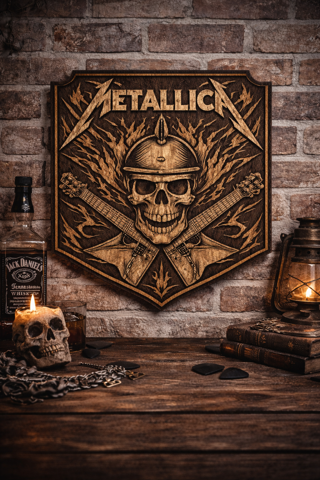 Metallica Laser Engraved Wood Wall Art – Heavy Metal Skull Guitar Decor
