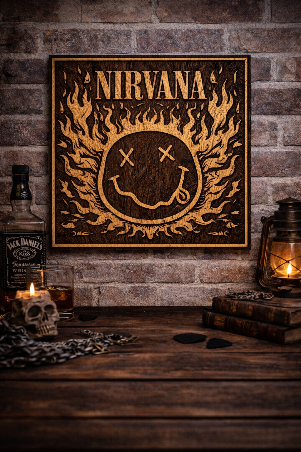 Nirvana Laser Engraved Wood Wall Art – Smiley Face Grunge Rock Decor