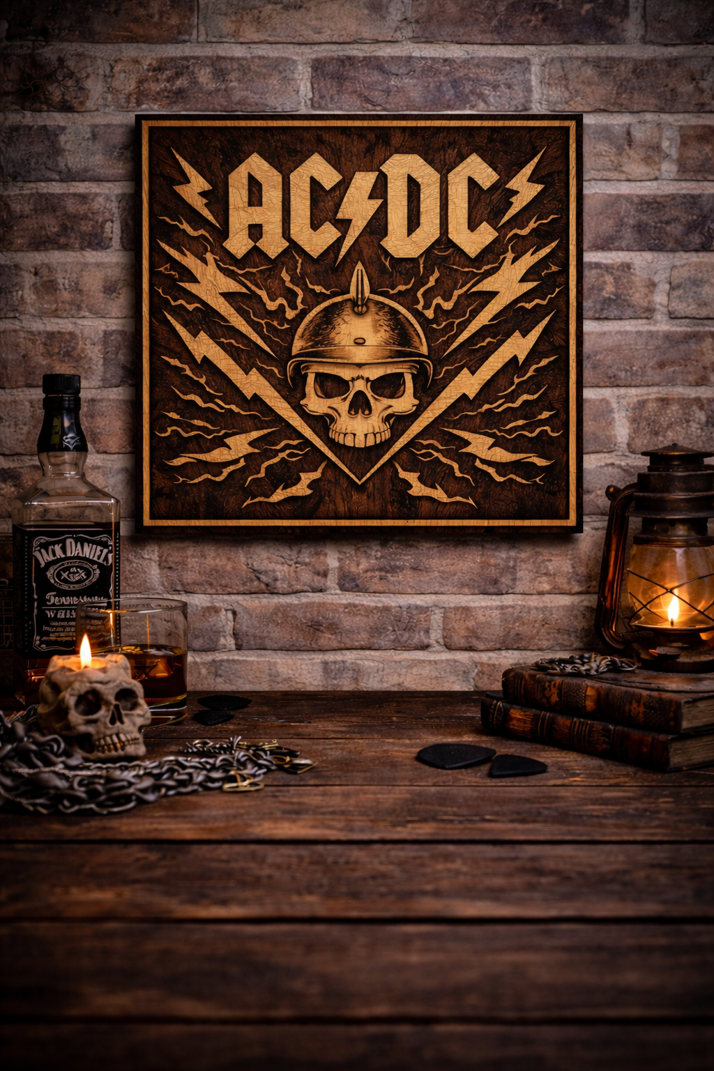 AC/DC Laser Engraved Wood Wall Art – Lightning Skull Rock Decor