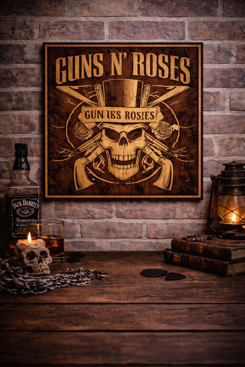 Guns N’ Roses Laser Engraved Wood Wall Art – Skull & Roses Rock Decor