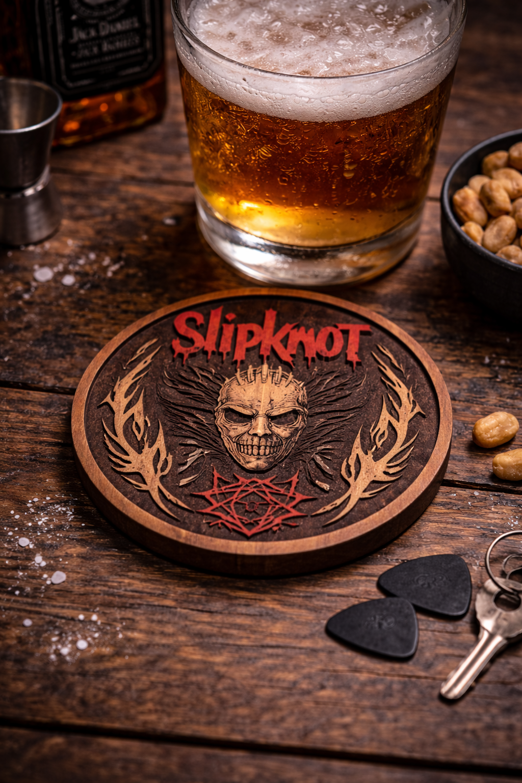 Slipknot Laser Engraved Wood Drink Coaster – Heavy Metal Bar Coaster