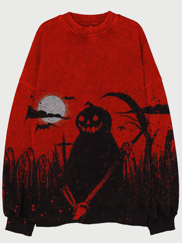 Vintage Halloween Pumpkin Ghost Art Washed Sweatshirt