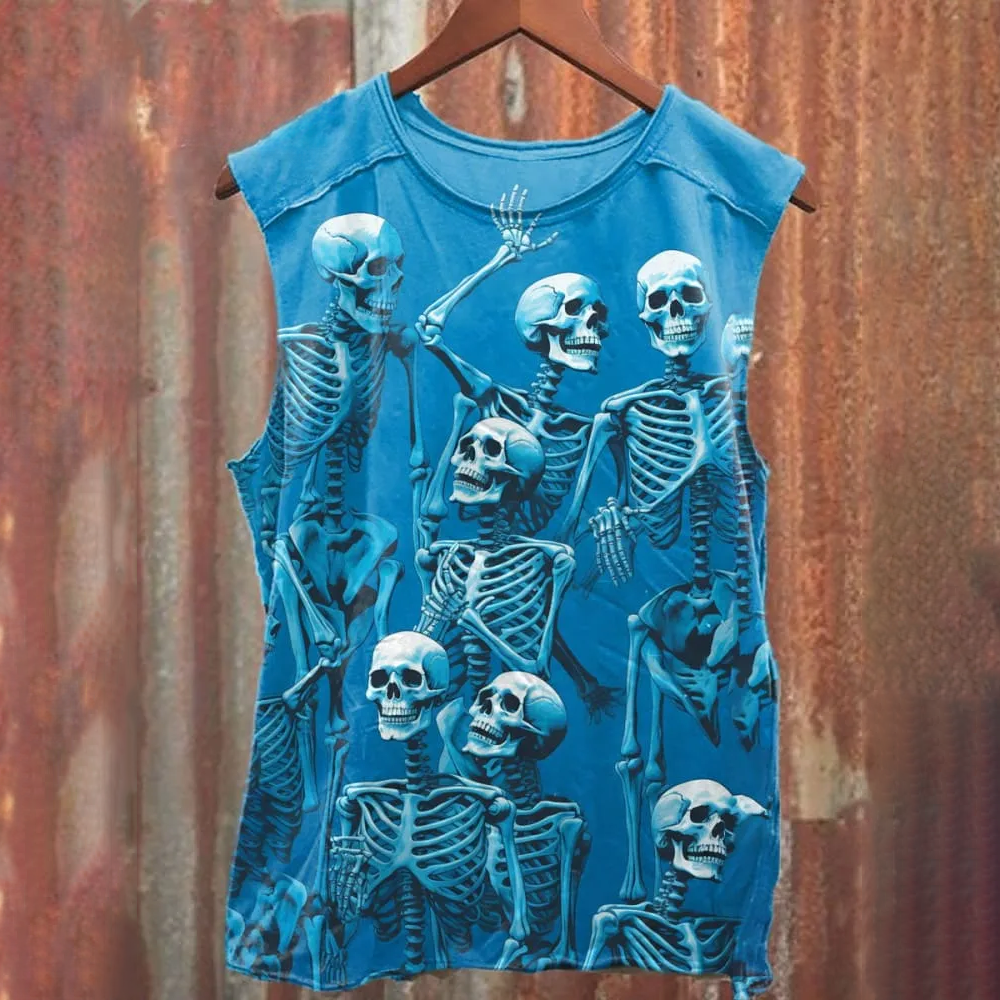 Unisex Skull Disco Art Illustration Printed Casual Cotton Tank Top