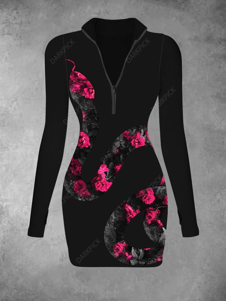 Women's Rose and Snake  Printed Casual Fashion Long Sleeve Knitted Dress