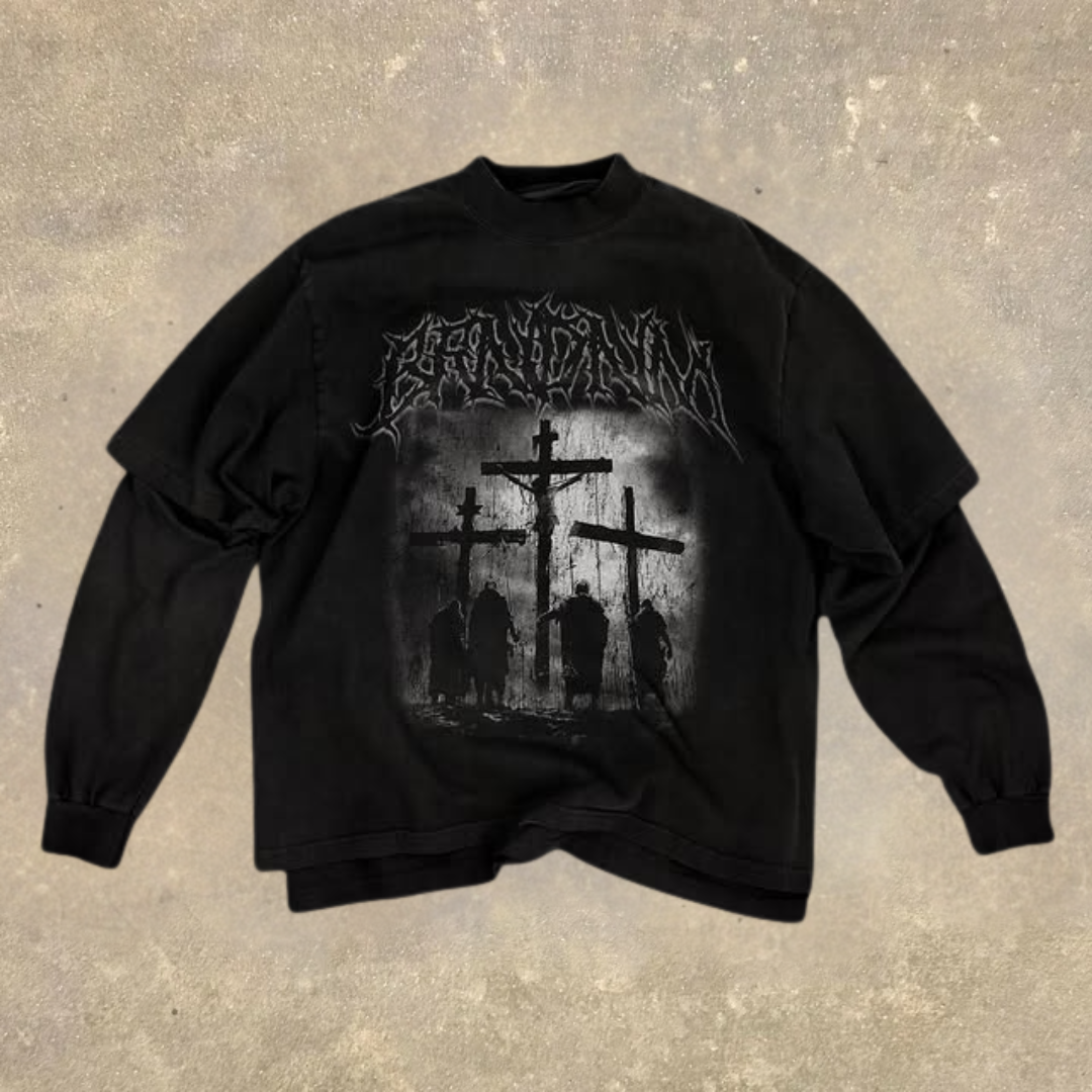 Men's Fake Two Dark Style Print Long Sleeve T-Shirt