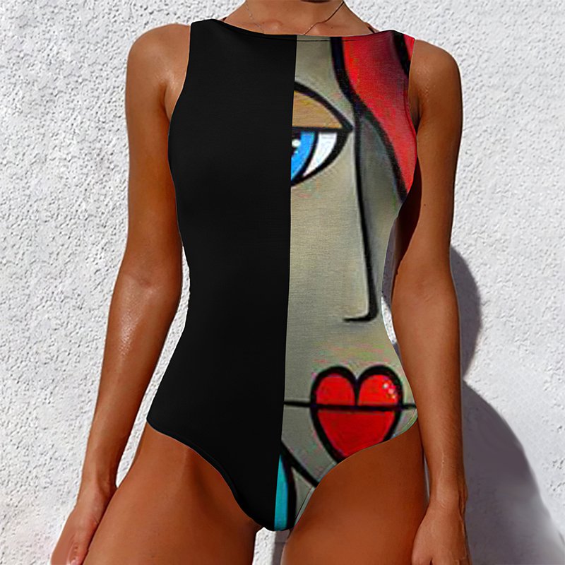 Geometric pattern portrait print swimsuit