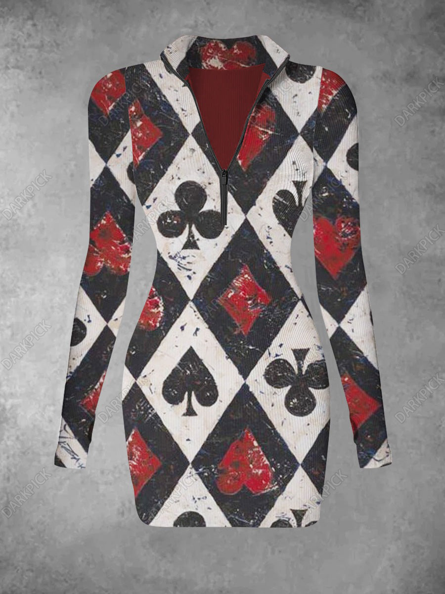Women's  Poker Printed Casual Fashion Long Sleeve Knitted Dress