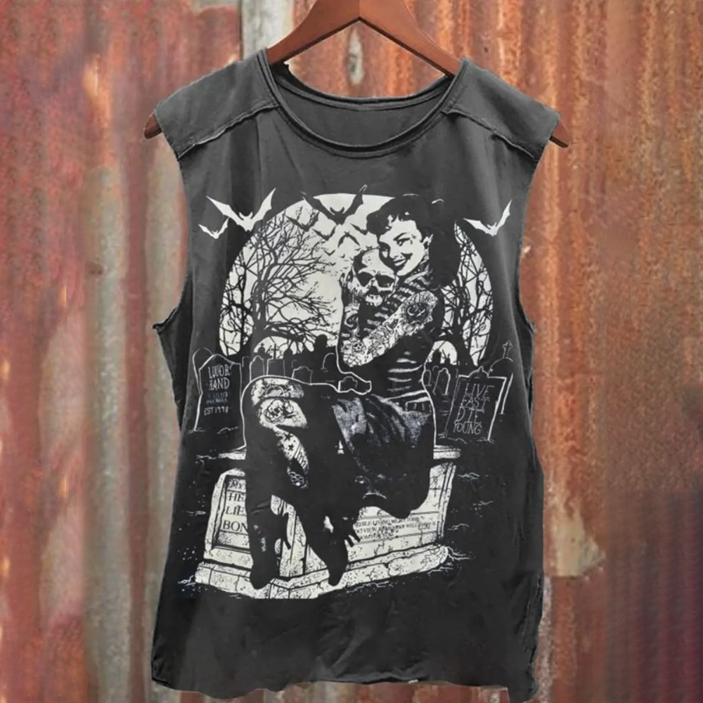 Unisex Retro Tattooed Girl Graveyard Skull Punk Print 100% Cotton Casu