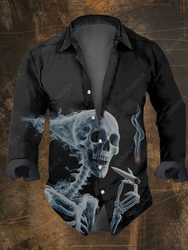 Men's Vintage Dark Skull Print Long Sleeve Shirt