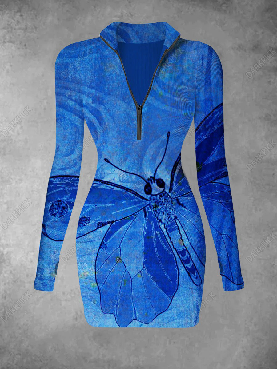 Women's Butterfly  Printed Casual Fashion Long Sleeve Knitted Dress