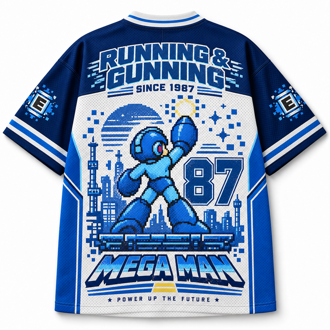 Mega Man Running & Gunning Since 1987 Retro Pixel  Jersey Shirts