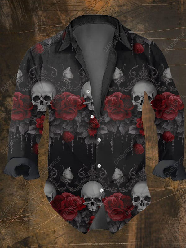 Men's Vintage Dark Skull Print Long Sleeve Shirt