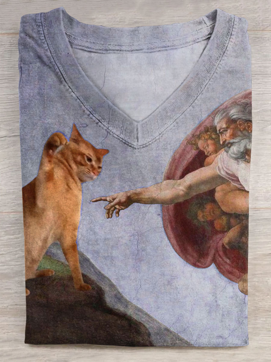 Vintage Funny Cat Art Print V-neck Casual T-Shirt