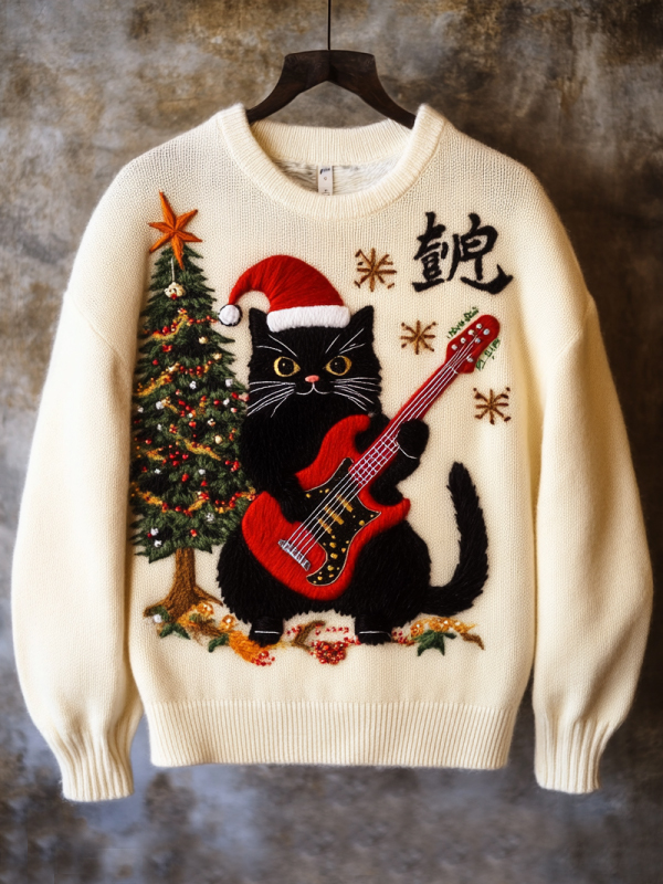 Men's Christmas Tree Black Cat Playing The Guitar Print Knit Sweatshir