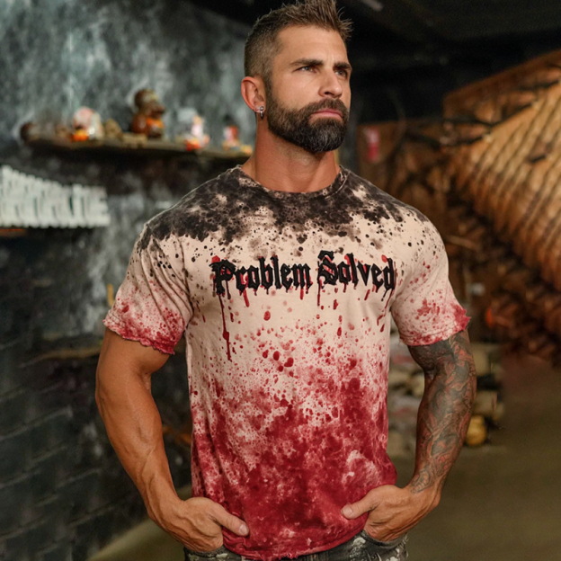 Retro Bloody "problem Solved" Art Pattern Print Cotton Graphic T-shirt