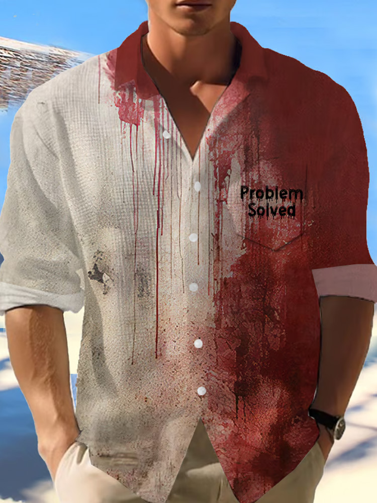 Men's Bloody Problem Solved Halloween Print Waffle Shirt With Pockets