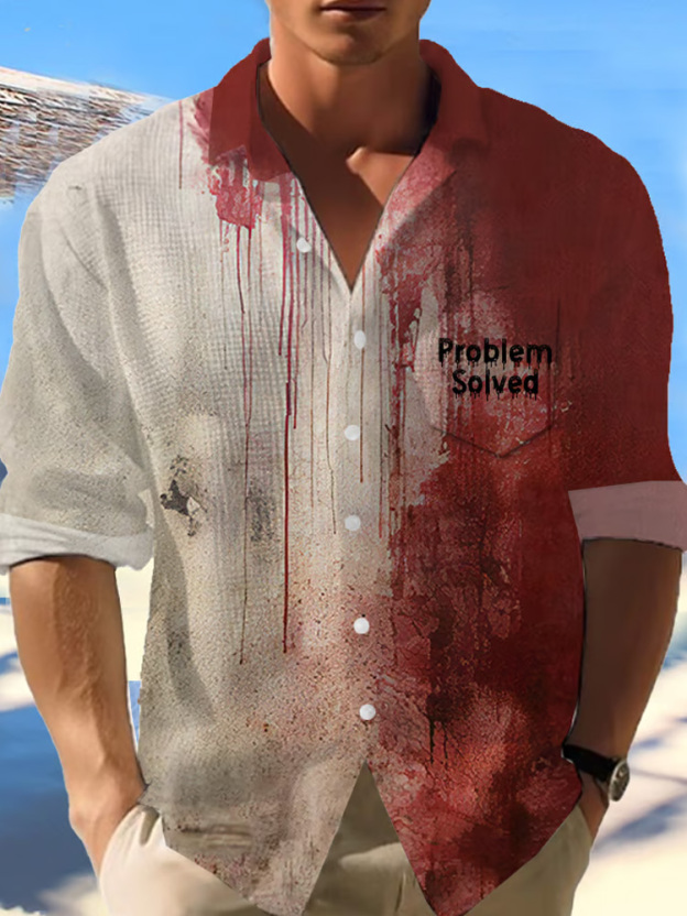 Men's Bloody Problem Solved Halloween Print Waffle Shirt With Pockets