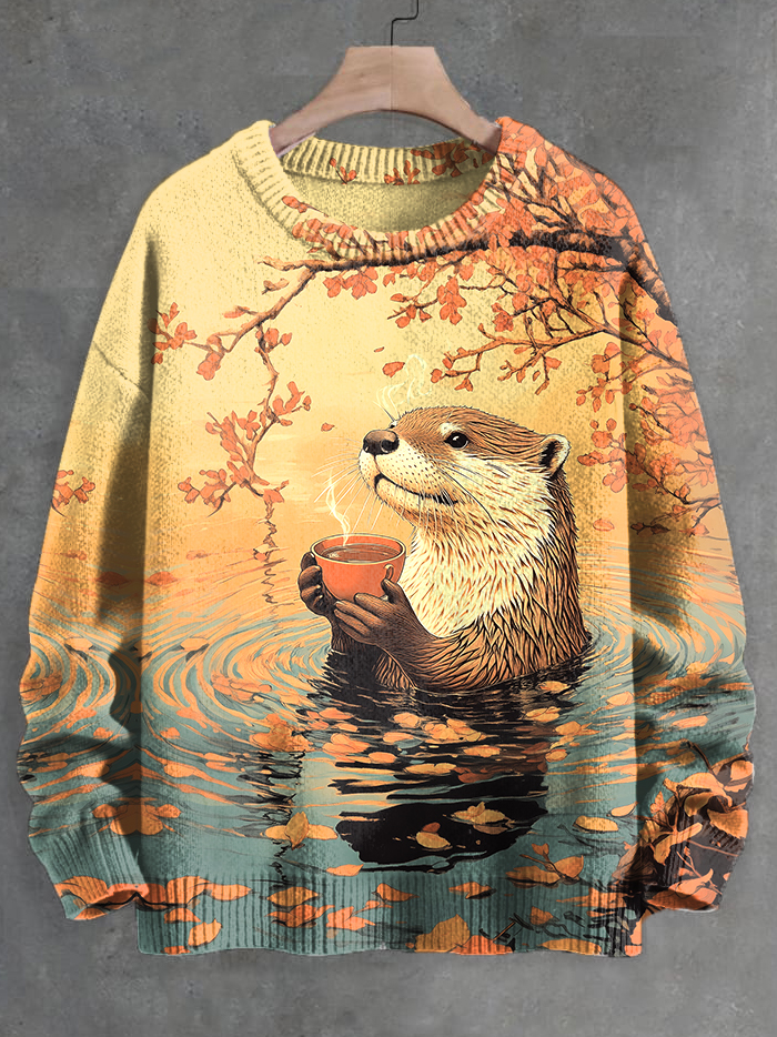 Men's Otter Drink Tea Japanese Fall Art Print Knit Sweatshirt
