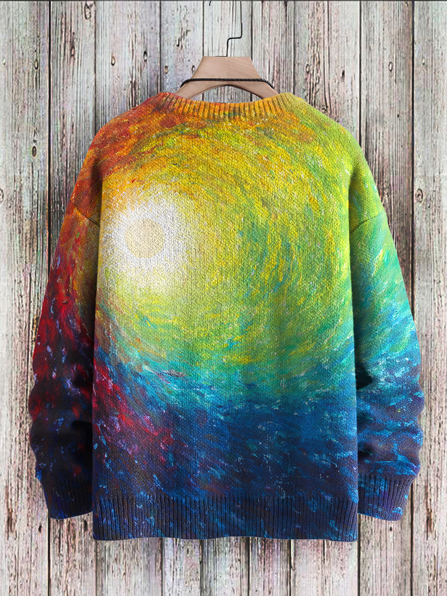 Multicolor Rainbow Gradient Art Print Knit Pullover Sweater
