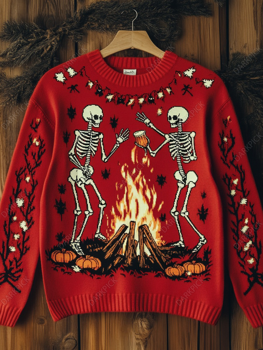 Dancing Skull Print Casual Sweater Around Campfire