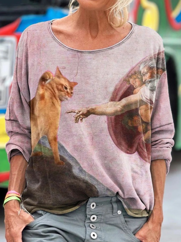 Vintage Funny Cat Art Print Casaul Short Sleeve T-shirt