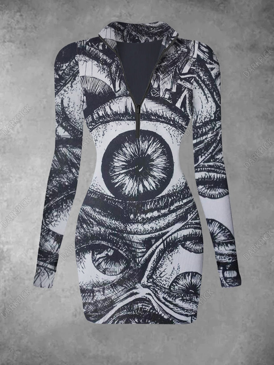 Women's  Eye Graffiti Printed Casual Fashion Long Sleeve Knitted Dress