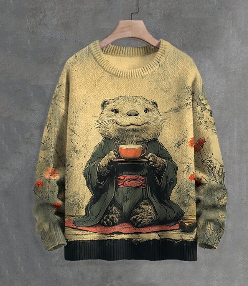 Otter Wearing A Kimono Printed Long-Sleeved Sweater