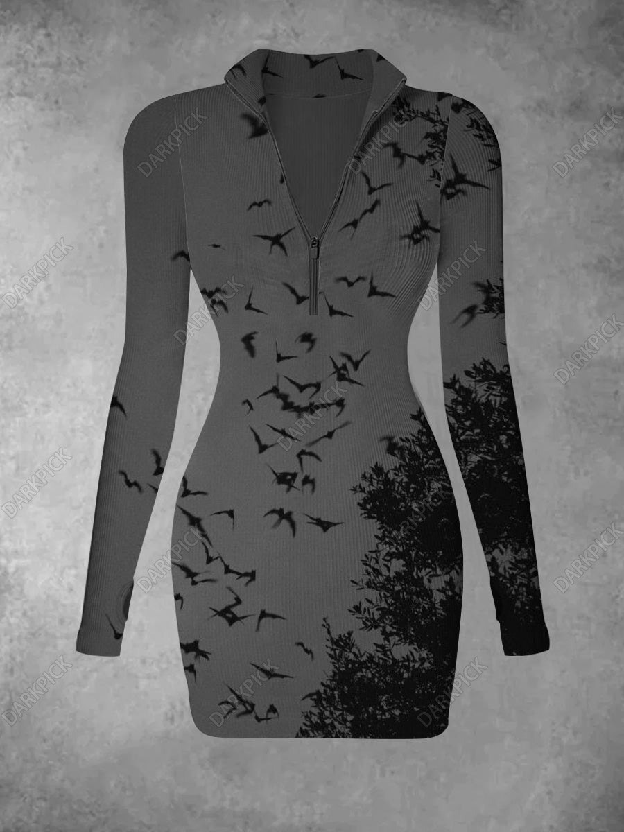 Women's  Dark Bird Printed Casual Fashion Long Sleeve Knitted Dress