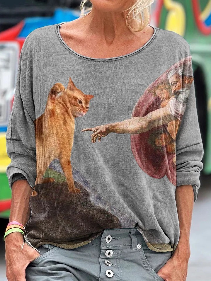 Vintage Funny Cat Art Print Casaul Short Sleeve T-shirt