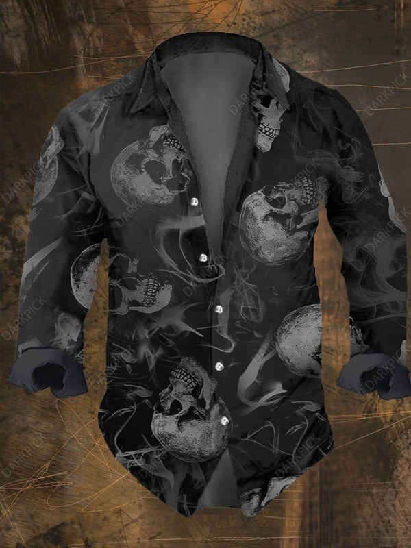 Men's Vintage Dark Skull Print Long Sleeve Shirt