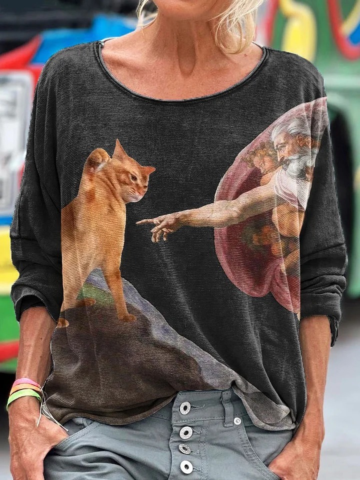 Vintage Funny Cat Art Print Casaul Short Sleeve T-shirt