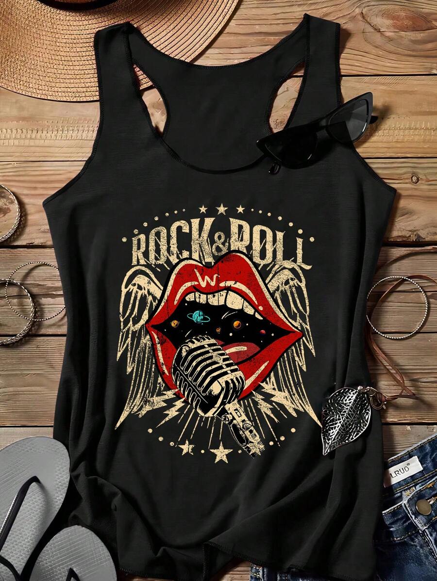 Women's Casual Rock Lip Graphic Racerback Tank Top