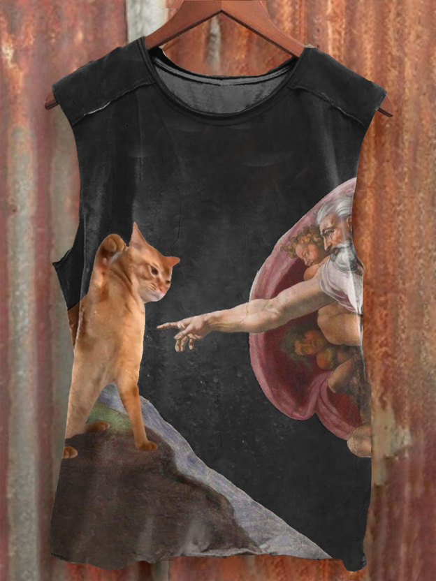 Vintage Funny Cat Art Print Casaul Short Sleeve T-shirt