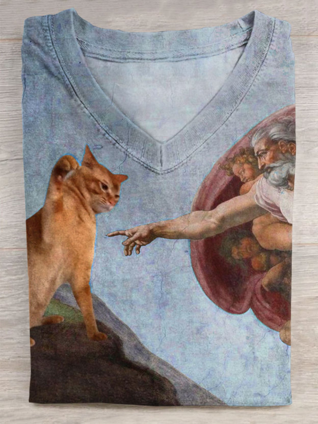 Vintage Funny Cat Art Print V-neck Casual T-Shirt