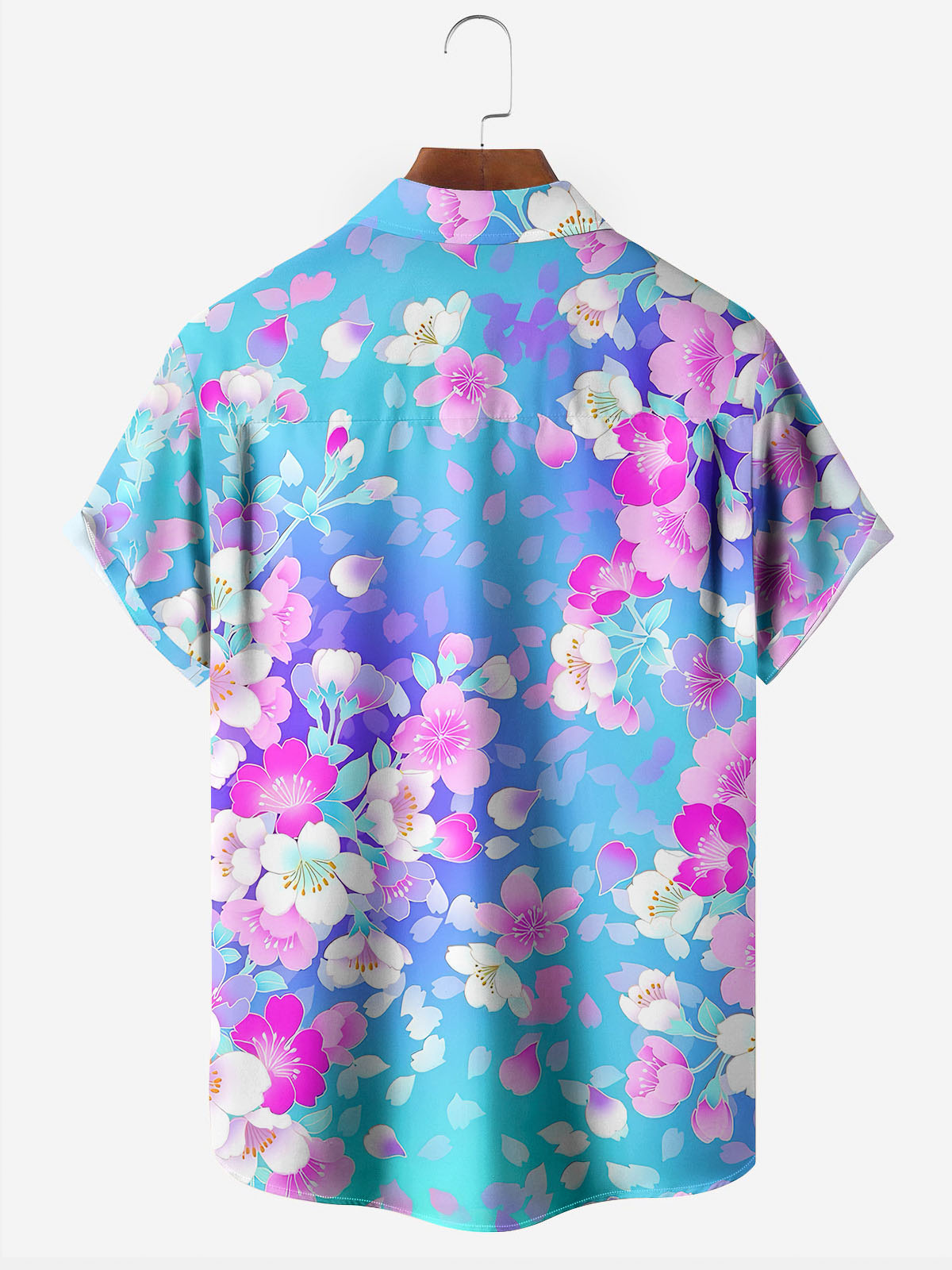 Moisture Wicking Blue Gradient Floral Hawaiian Print Short Sleeve Pocket Shirt