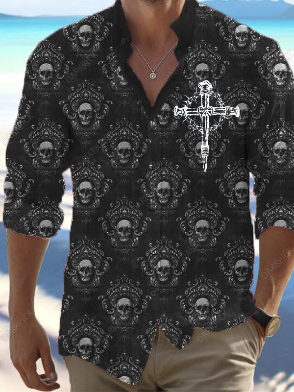 Men's Vintage Dark Skull Print Long Sleeve Shirt