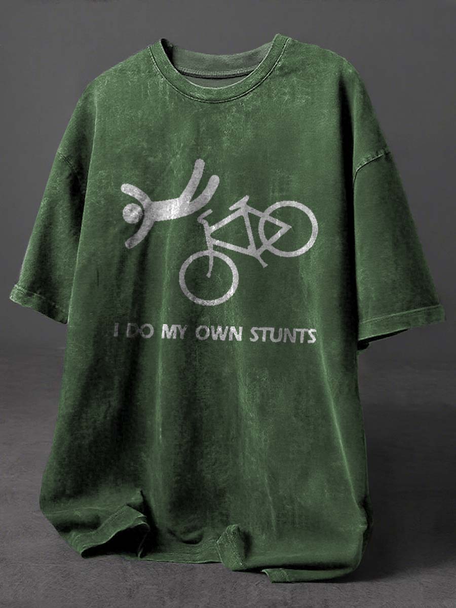 I Do My Own Stunts Print Retro Distressed Washed Cotton T-shirt