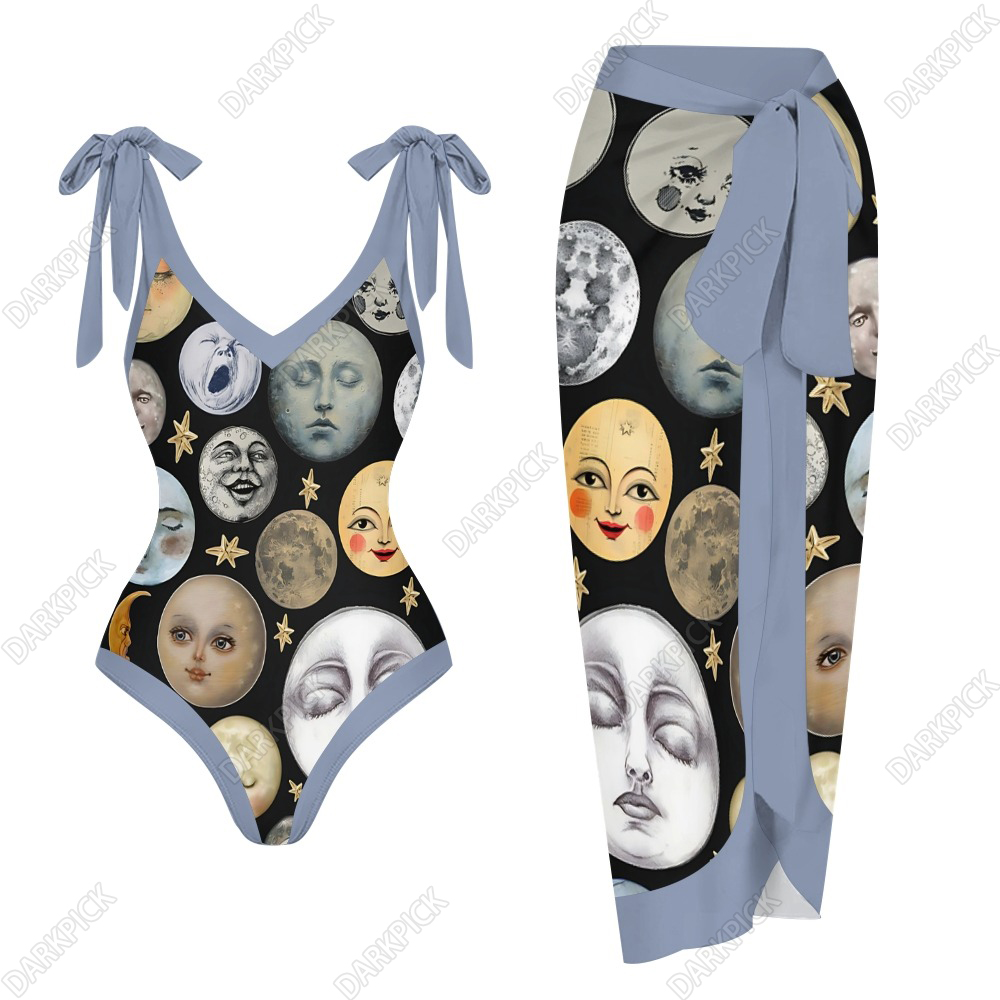 Women's Funny Moon Face Emoji  Printed One Piece Swimsuits and Cover Ups