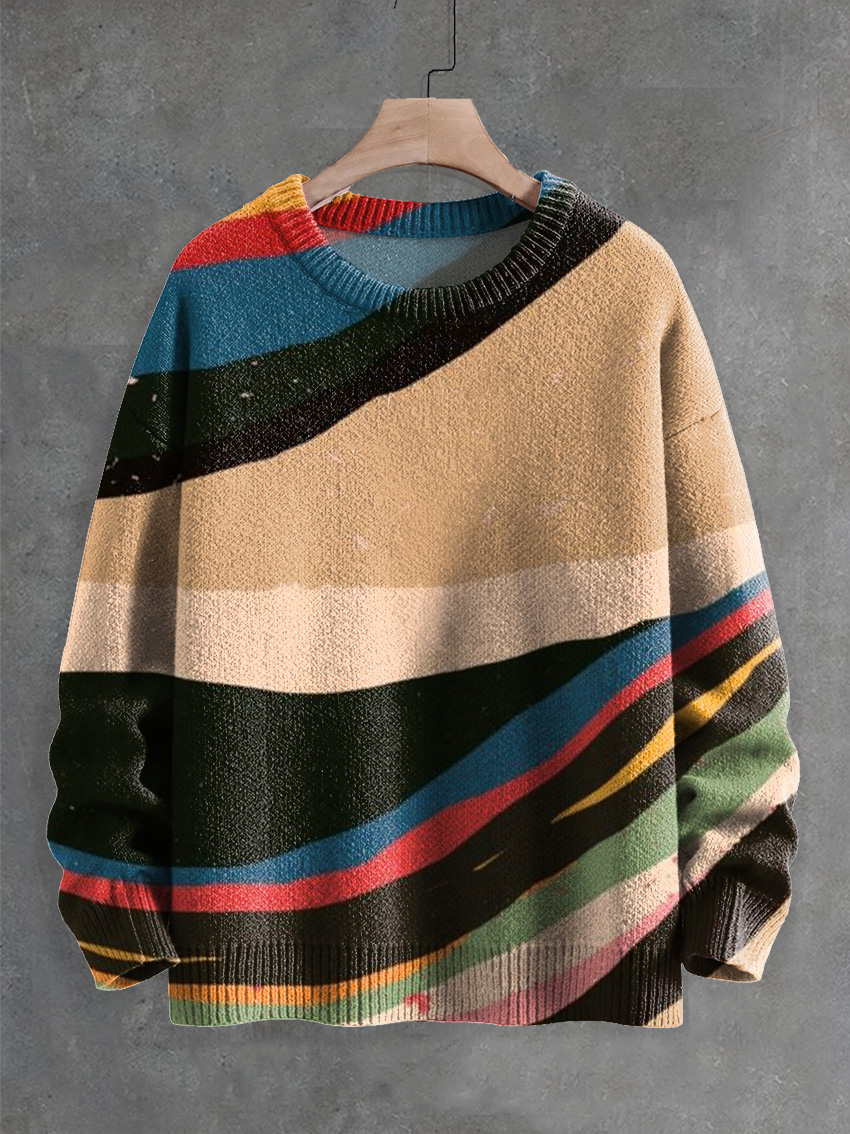 Simple Contrasting Colors Vintage Print Knit Pullover Sweater