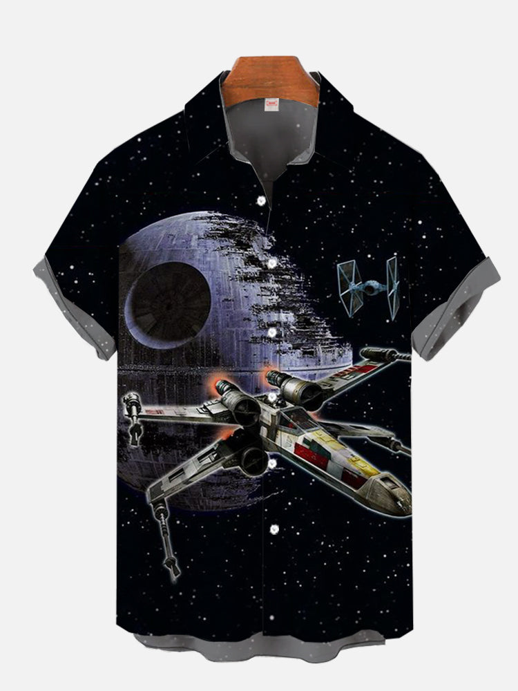 Black Flashing Star Outer Space Space Fighter And Mysterious Planet Printing Short Sleeve Shirt