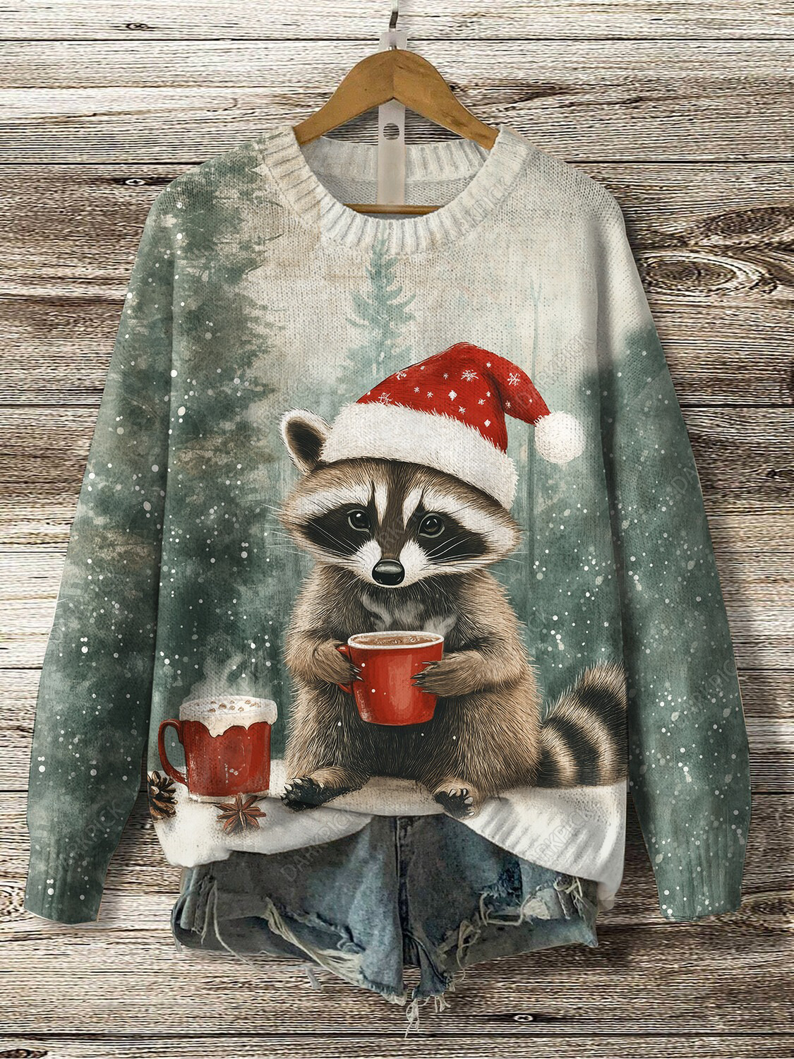 Women's Christmas Raccoon Drinking Coffee Print Knit Sweatshirt