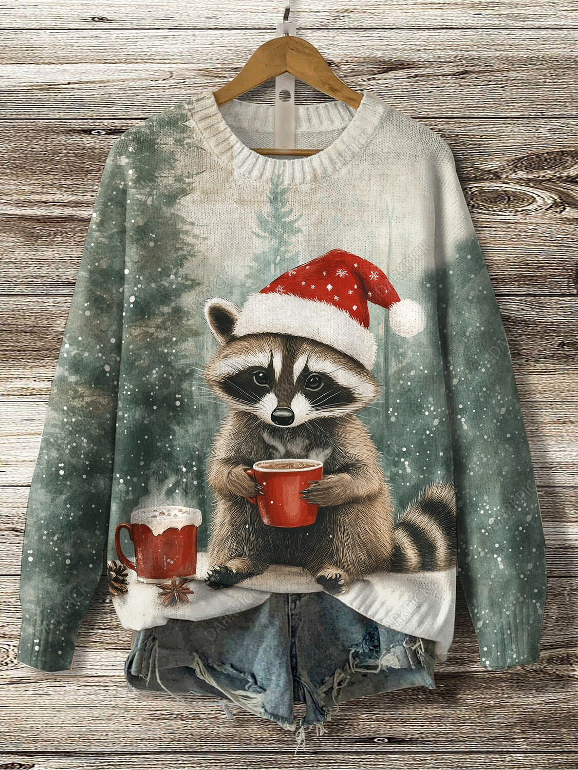 Women's Christmas Raccoon Drinking Coffee Print Knit Sweatshirt