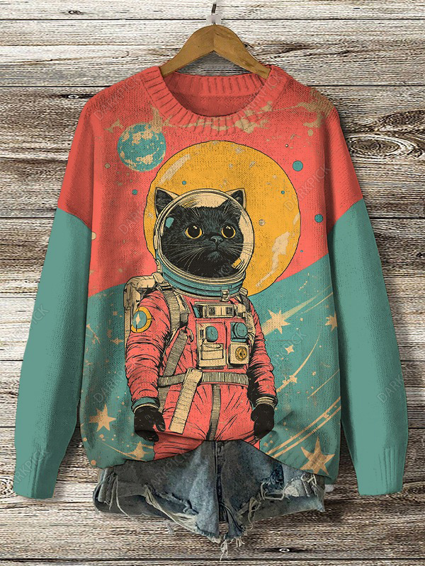 Women's Black Cat Astronaut Color Block Art Print Knit Sweatshirt