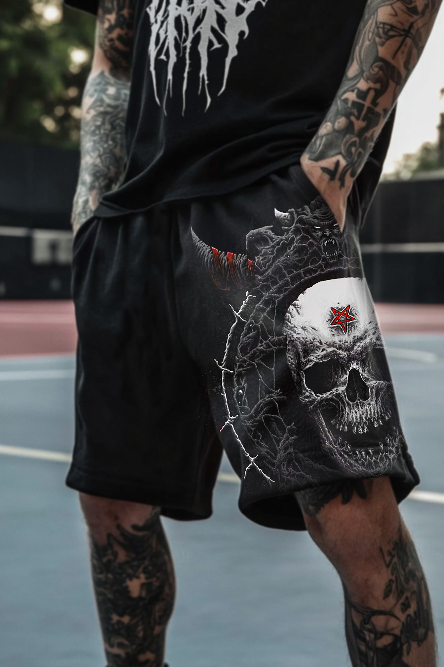 Satanic Skull Devil Dark Pentagram Printed Shorts