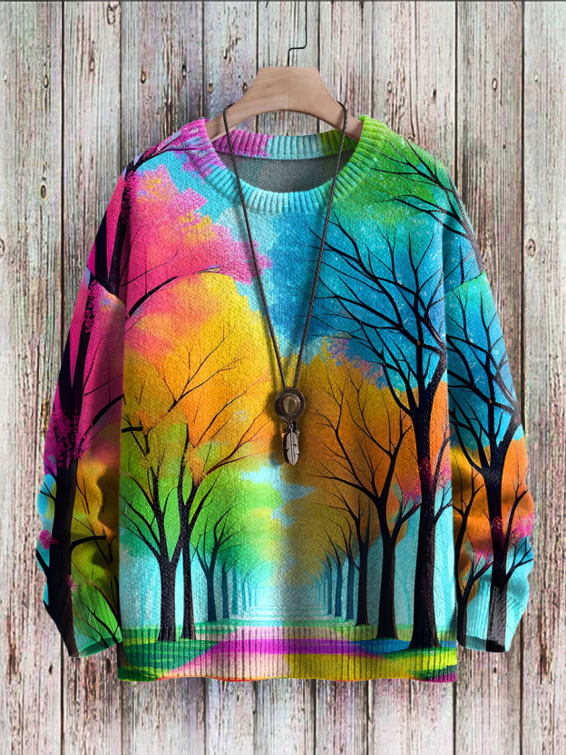 Multicolor Rainbow Forest Art Print Knit Pullover Sweater