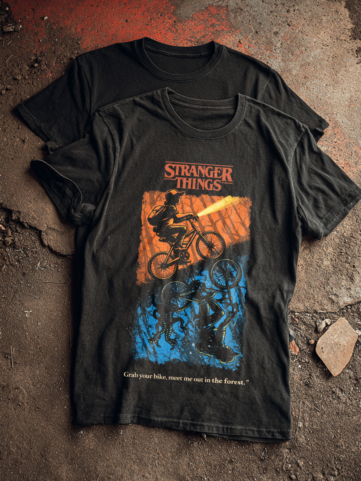 Stranger Things Grab your bike, meet me out in the forest cotton T-shirt