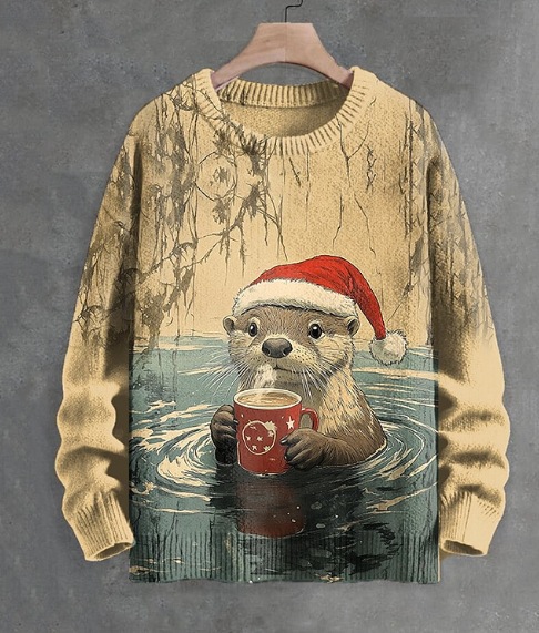 Otters Drinking Hot Drinks Printed Long-Sleeved Sweater